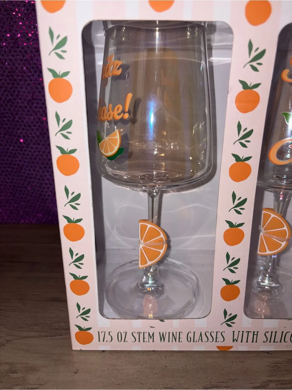 🆕💜 Crystal Lux Studio Spritz Clock Orange Stem Wine Glass Set of 2 NIB